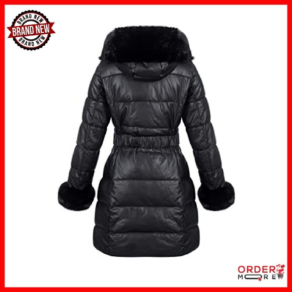 Women's Winter Puffer Coat with Faux Fur Hood and Belt - Picture 5 of 8